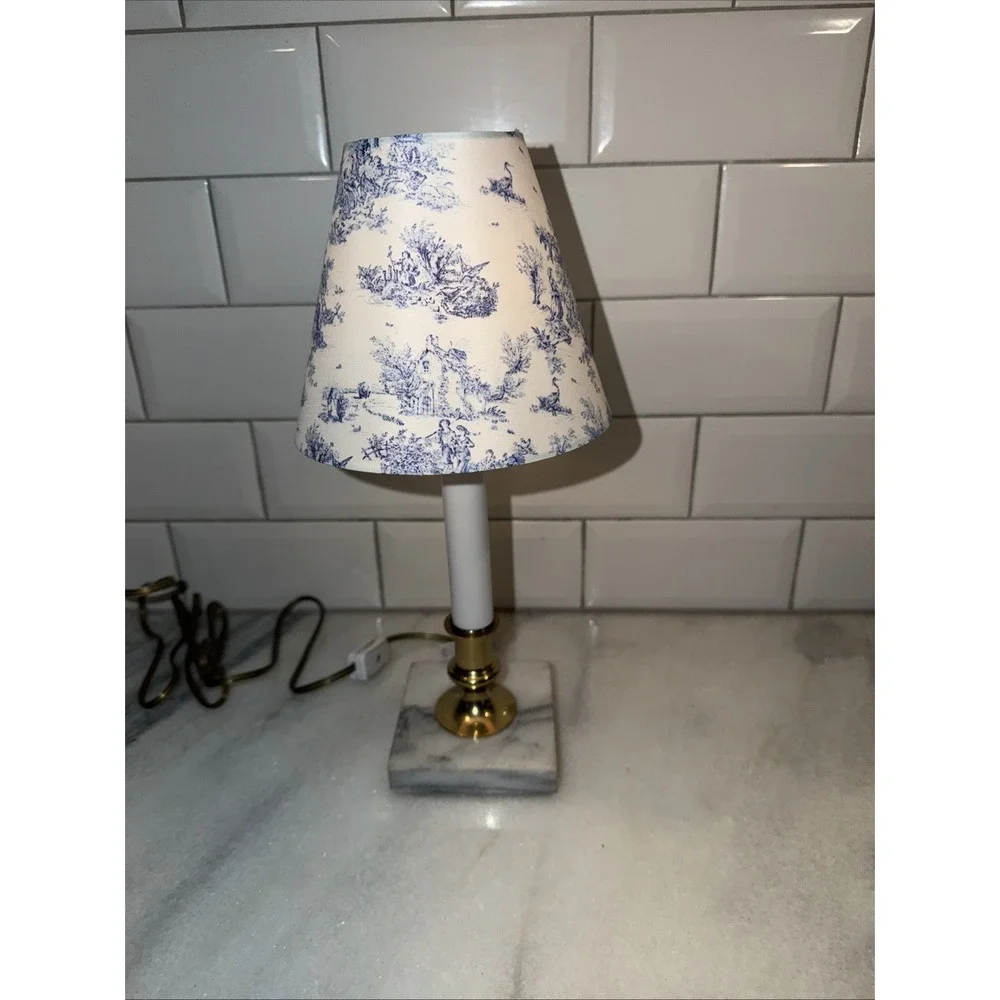 Vintage Marble Base Candle‎ Lamp With Twall Blue Shade